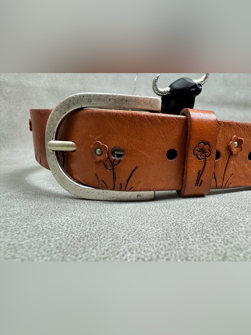 Fossil brown Leather Belt with Floral Embossing